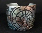 Silver Cuff Bracelet Steampunk Black Polymer Clay Cogs Gears Hand Stamped Art Jewelry