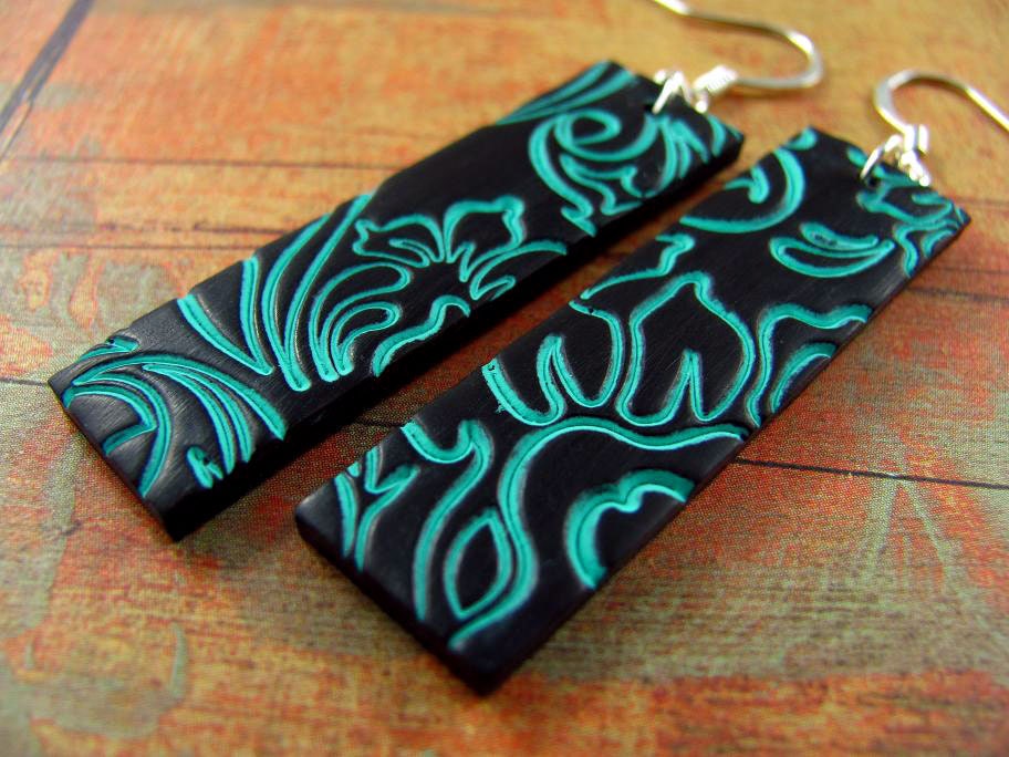 Teal and Black Earrings Polymer Clay Dangle Hand Stamped Turquoise Flower Earrings Asian Inspired