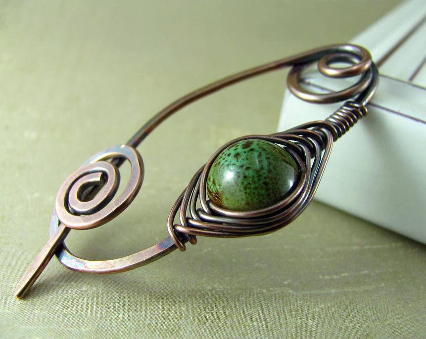 Wire Shawl Pin Copper Scarf  Sweater Pin Hand Forged Fibula Wire Wrapped Jewelry Wire Work Handmade