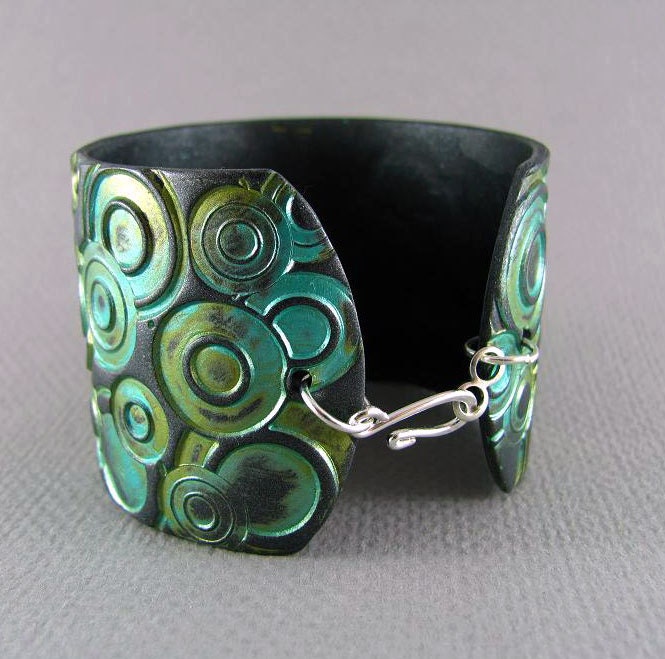 Silver Cuff Bracelet Polymer Clay Jewelry Teal Cuff Turquoise Cuff Urban Industrial Wide Cuff Hand Stamped