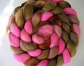 Tour de Fleece Free Shipping Pink, Olive and Brown, Hand dyed Roving, Merino 64s, 4 oz., 'Natural Punk,'  Spinning Upgrade Available