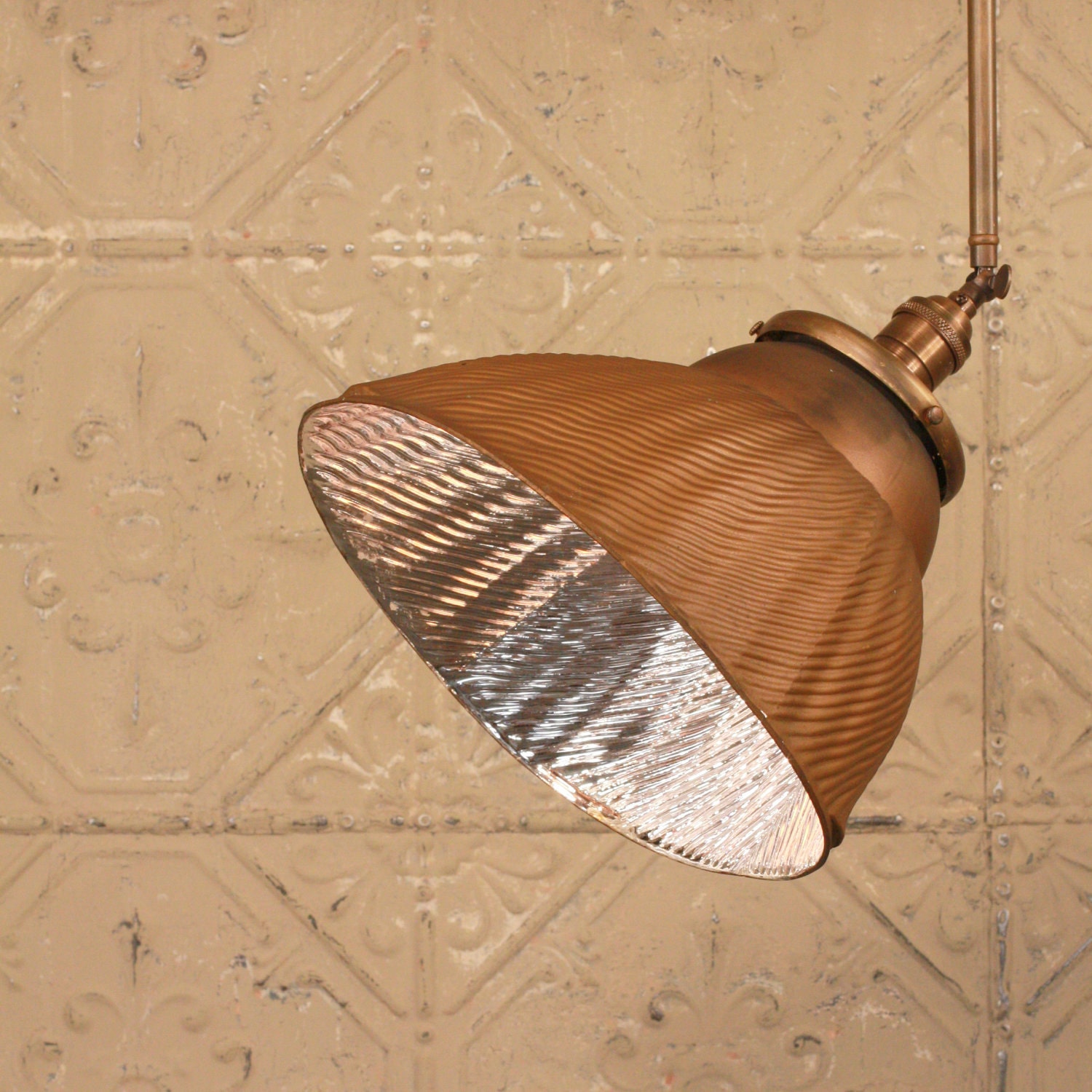 Pendant Lighting with Vintage Mercury Glass Shade in Warm Copper Gold and Custom Down Rod with Swivel