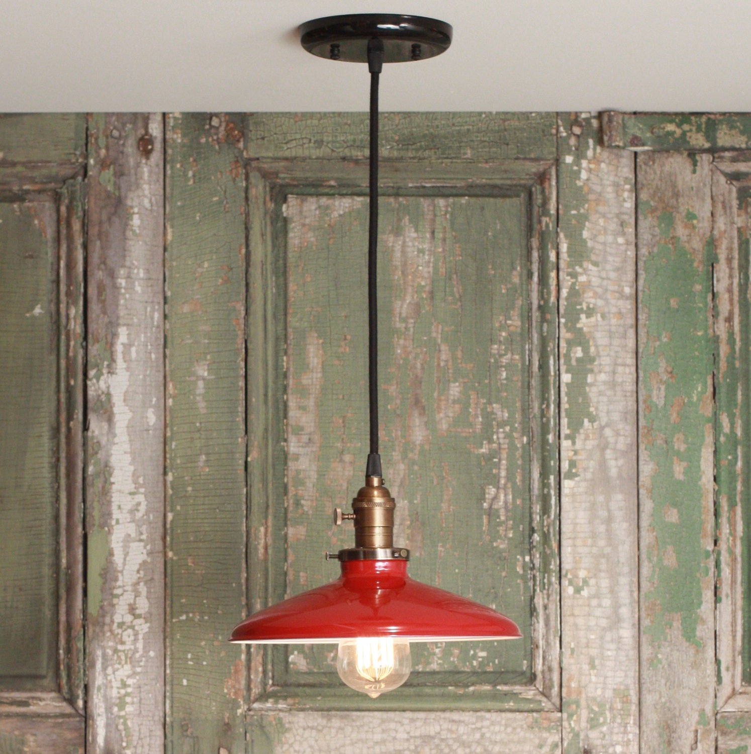 Pendant Light With Red Enamel Shade