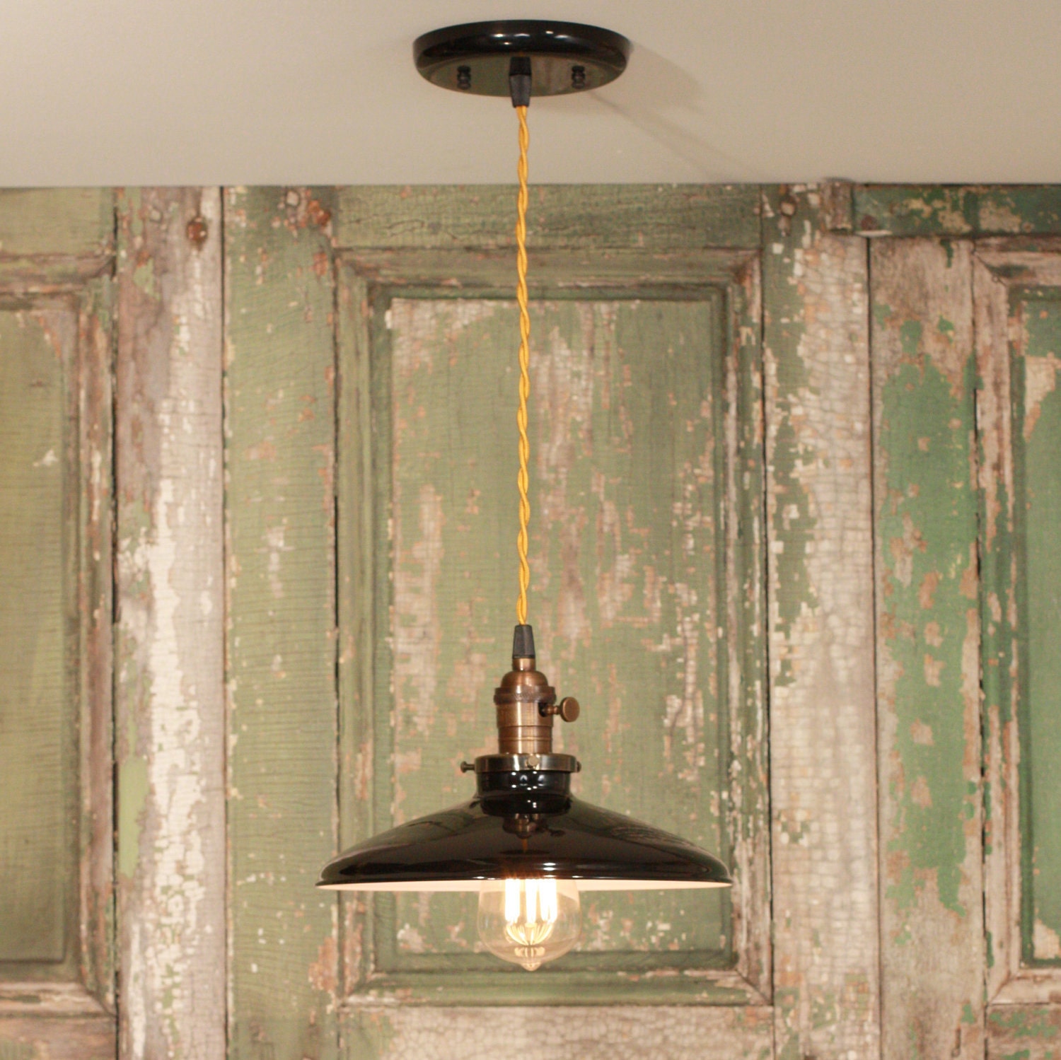 Lighting With Black Enamel Shade & Reproduction Twisted Wire