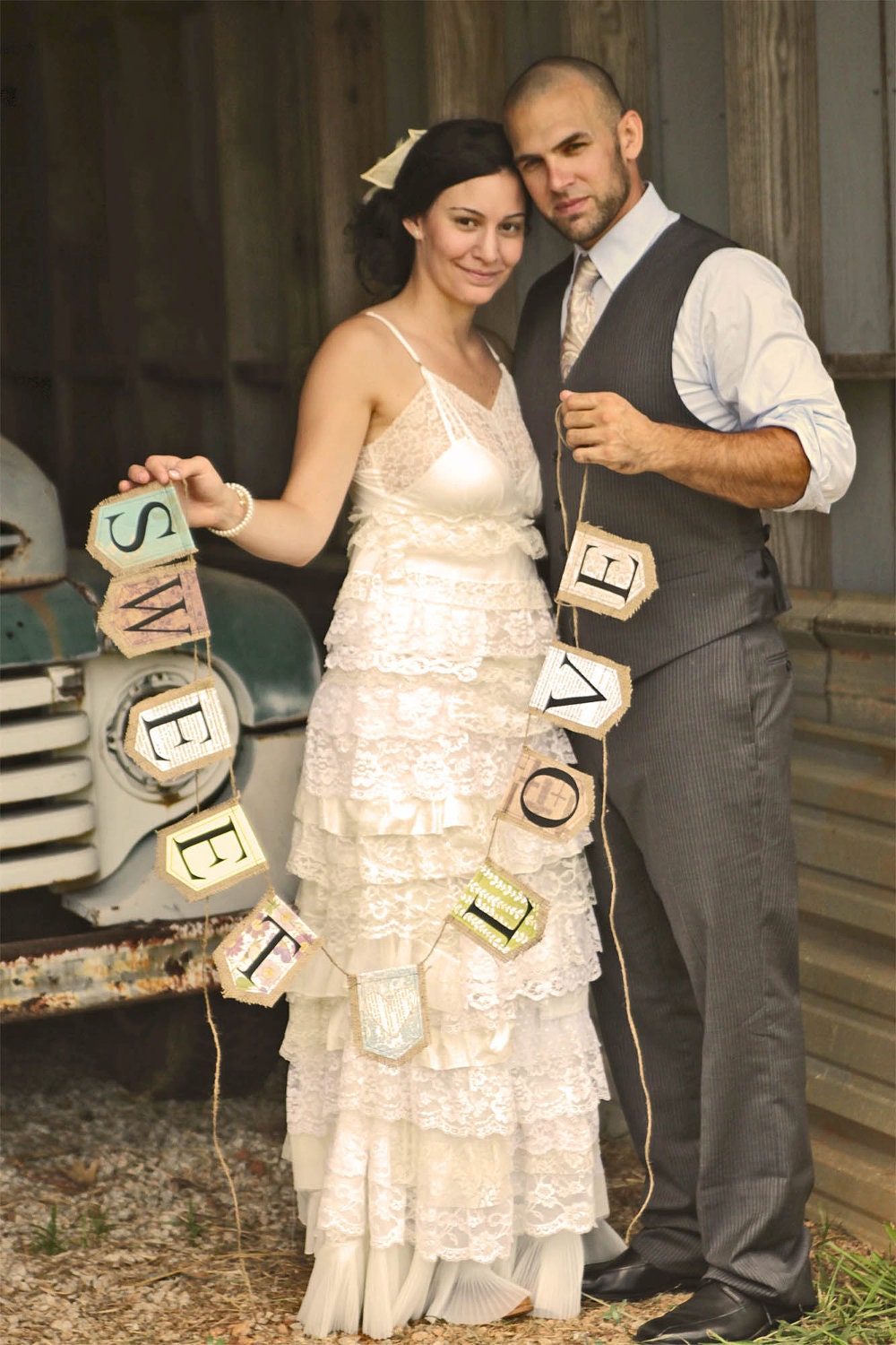 LOVE burlap banner with 2 hearts