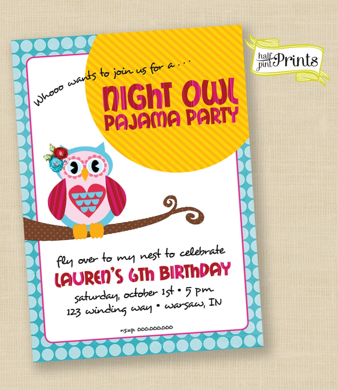 Night Owl Pajama Party Custom Birthday Invitation
