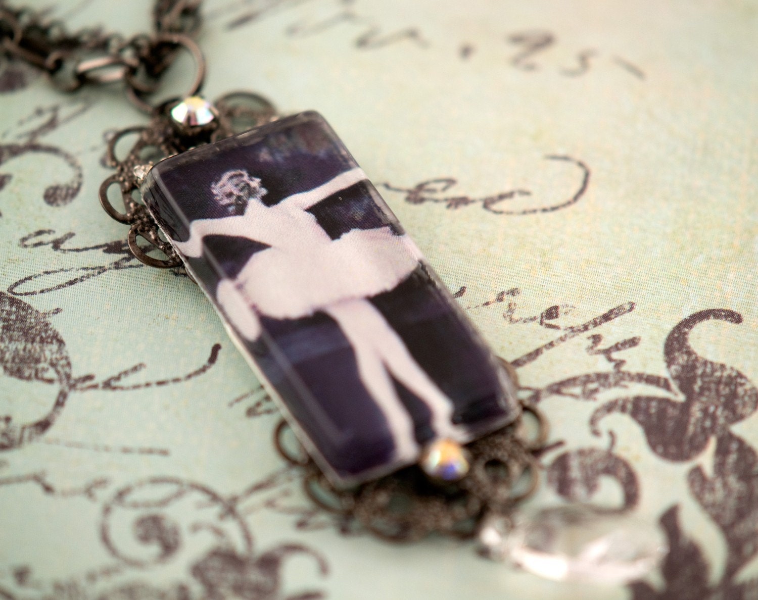 Beautiful Vintage Dancer Glass and Crystal Pendant...Ballerina,  Black Swan, vaudeville, burlesque, circus, showgirl