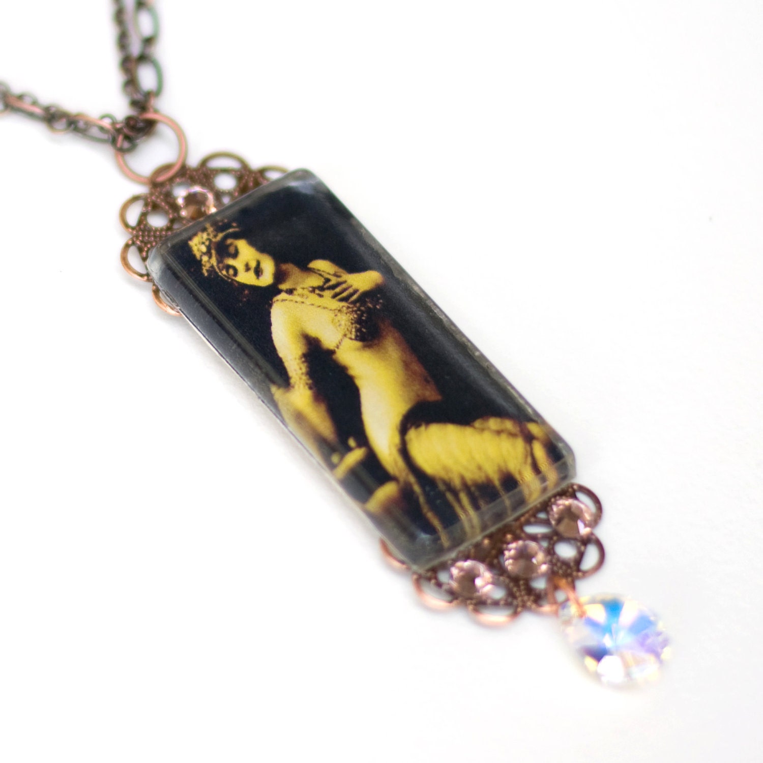 Beautiful Vintage Belly Dancer Glass and Crystal Pendant Necklace..burlesque, showgirl, vaudeville