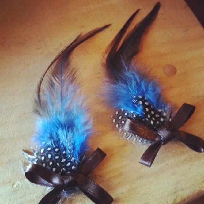 Blue, feather, hair, brown, guinea, ribbon,  clip- Embrace the Blues