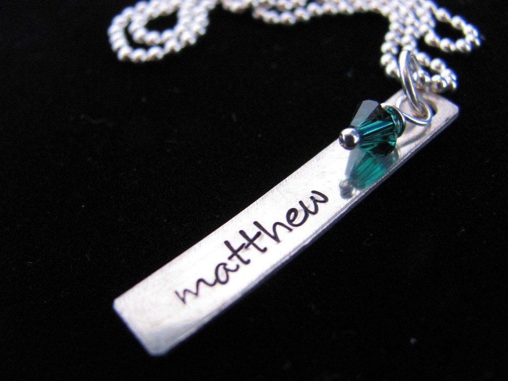 Personalized Necklace: Hand Stamped Single Regtangle Tag Necklace with Swarovski Crystal Birthstone