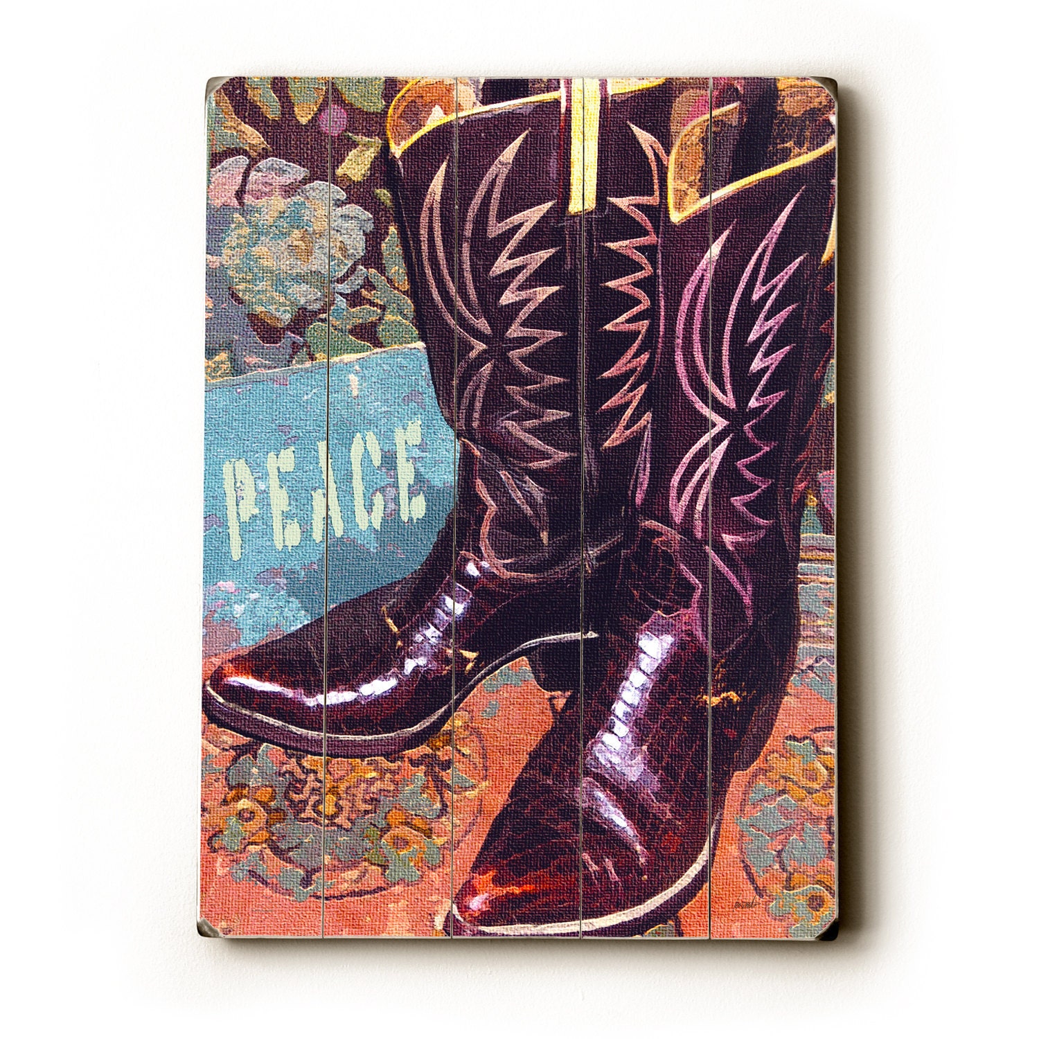 Peace Cowboy Boots 18x24 wooden art sign
