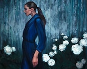 Oil painting woman profile blue rain flowers peonies "Past in Present"