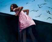Oil painting girl woman pink blue sky birds boat "Vantage"