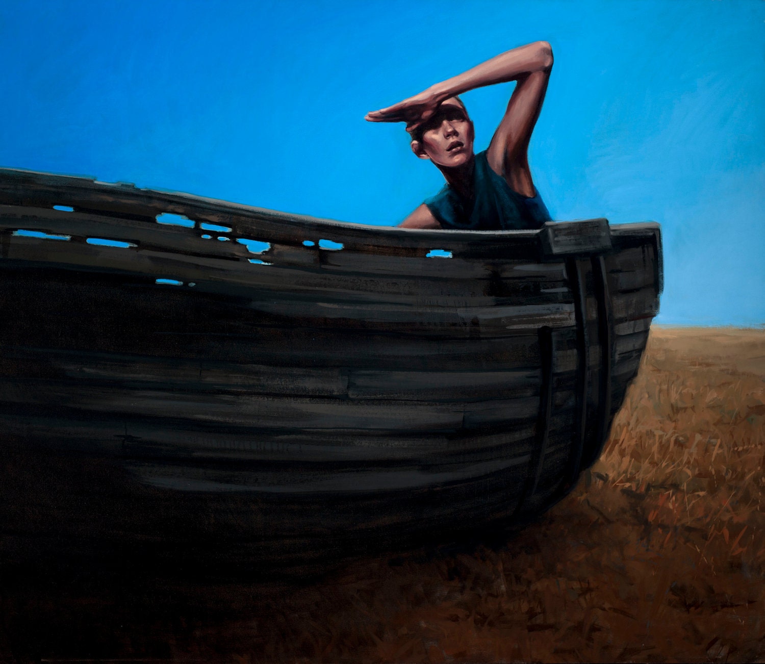Oil painting blue sky boat "Live to Tell"