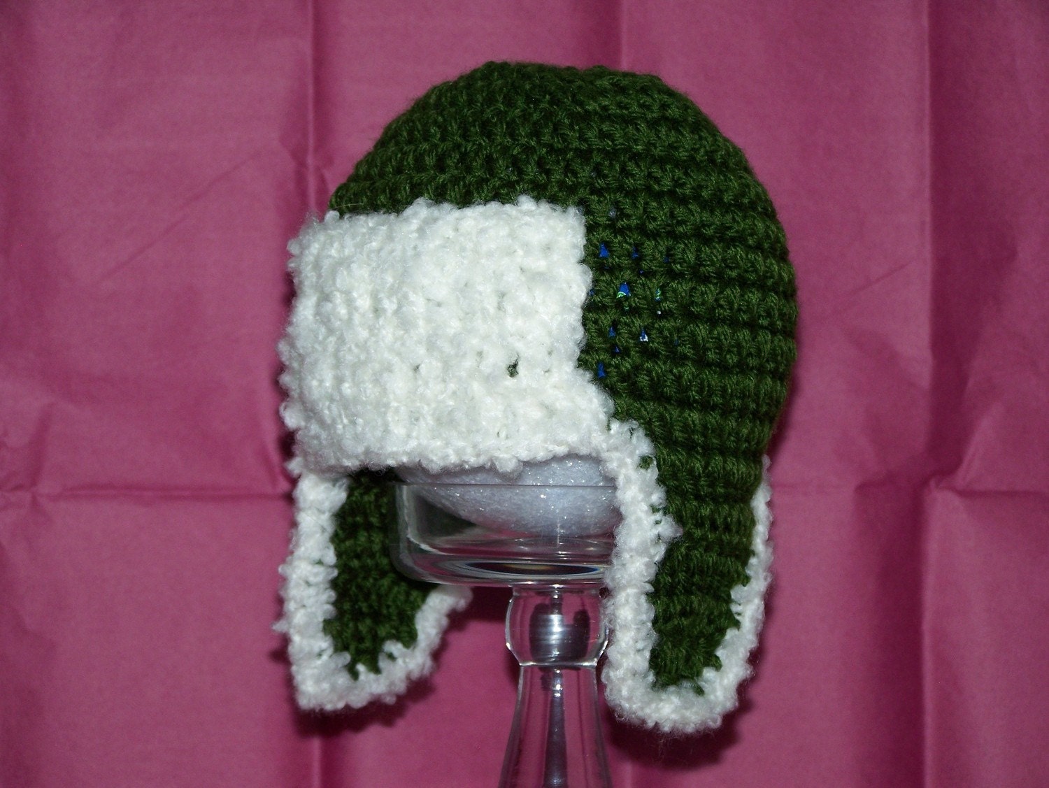 Aviator Crochet Cap -  Green Wooly Eskimo - Earflap - Baby Hat - Photo Prop