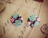 Teal Floral Painted Wood Button Earrings