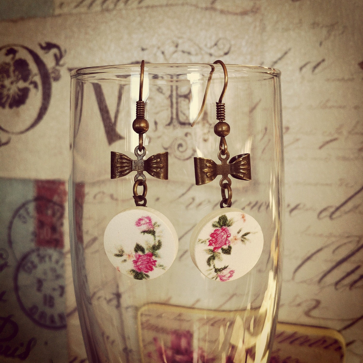 Pink Floral Painted Wood Bow Button Drop Earrings