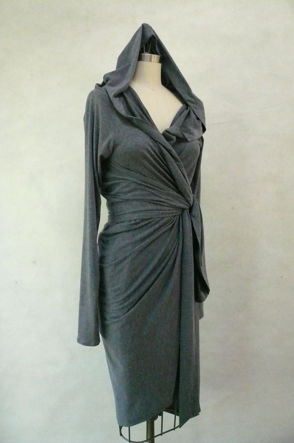Slate Blue Gray Maria Severyna Jersey hooded long sleeve Wrap dress