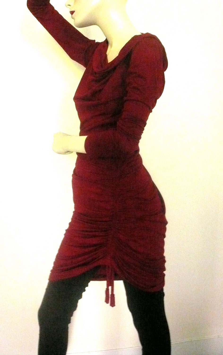 This dress is ready to ship - Maria Severyna Burgundy jersey long sleeve Ruched Dress - Size Large