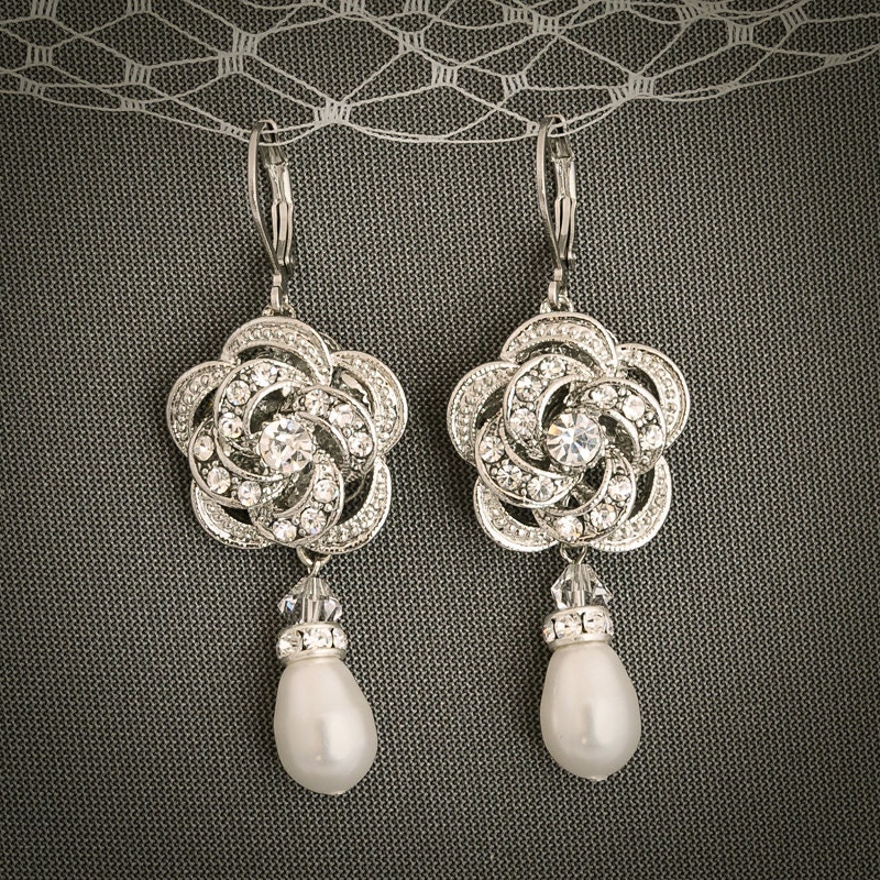 ROZIA, Ivory or White Pearl and Crystal Wedding Bridal Earrings, Rhinestone Wedding Bridal Dangle Earrings, Rose Teardrop Pearl Chandeliers