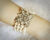VICTORIA, Bridal Pearl Bracelet, Rhinestone Wedding Bracelet, Vintage Style Bridal Crystal Bracelet Cuff, Victorian Wedding Jewlery