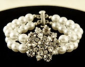 HEATHER, Vintage Inspired Bridal Wedding Bracelet, Ivory or White Pearl and Rhinestone Wedding Bracelet, Filigree Flower Bridal Statement
