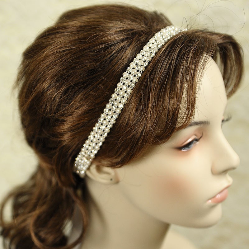 RUBY - Grecian Bridal Wedding Headband, Single Rhinestone and Pearl Silk Ribbon Bridal Headband, Vintage Inspired Wedding Hair Accessories