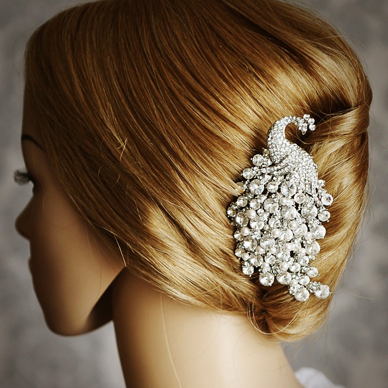 DOROTHY, Large Vintage Inspired Wedding Hair Comb, Art Deco Hair Accessories, Pearl and Rhinestone Bridal Hair Comb, Peacock Wedding  Comb