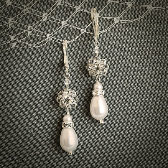 SEBRINA, Filigree Flower Rhinestone and Pearl Bridal Wedding Earrings, Vintage Inspired Bridal Leverback Earrings, Old Hollywood Jewelry