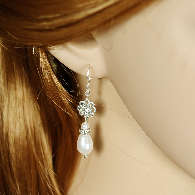 SEBRINA, Filigree Flower Rhinestone and Pearl Bridal Wedding Earrings, Vintage Inspired Bridal Leverback Earrings, Old Hollywood Jewelry