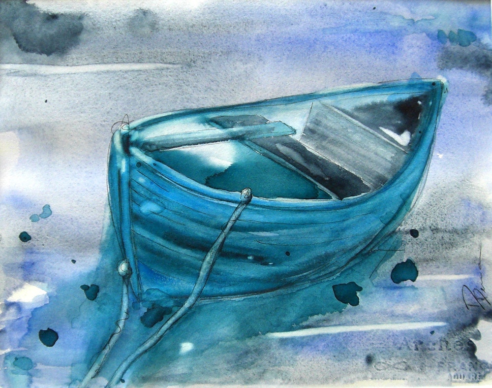 Blue Boat Watercolor Painting Original Nautical Art