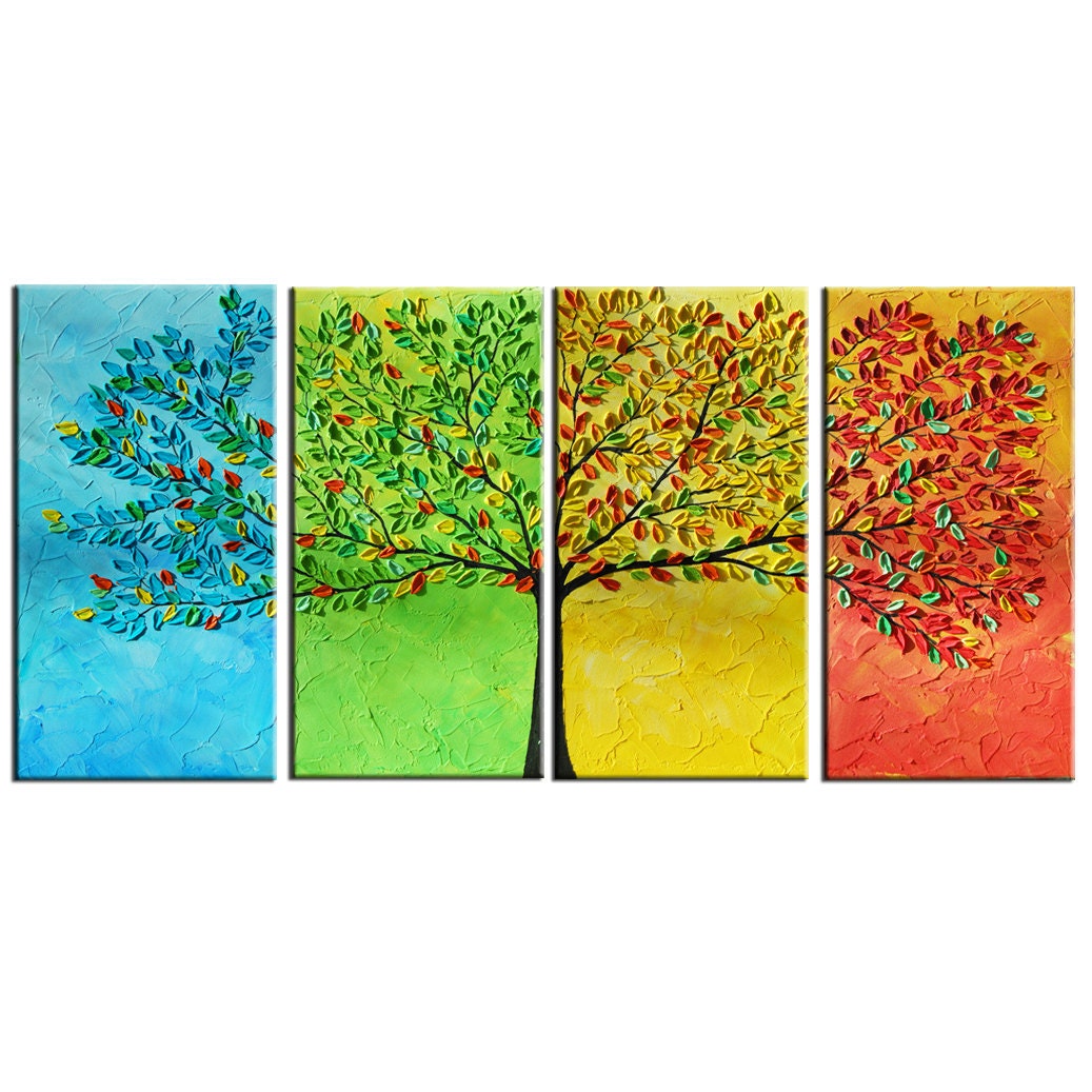 Large Tree Abstract Painting - Modern Large - 4 Panels Painting 24x48 - Textured Impasto Tree Painting - Free Shipping