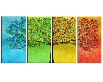 Large Tree Abstract Painting - Modern Large - 4 Panels Painting 24x48 - Textured Impasto Tree Painting - Free Shipping