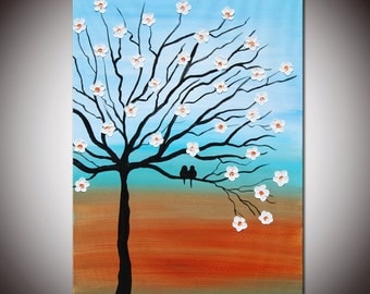 Ready to ship - ORIGINAL Rainbow Color Tree Art Love Birds Abstract Large Impasto Palette Knife Textured Painting Abstract Painting Large