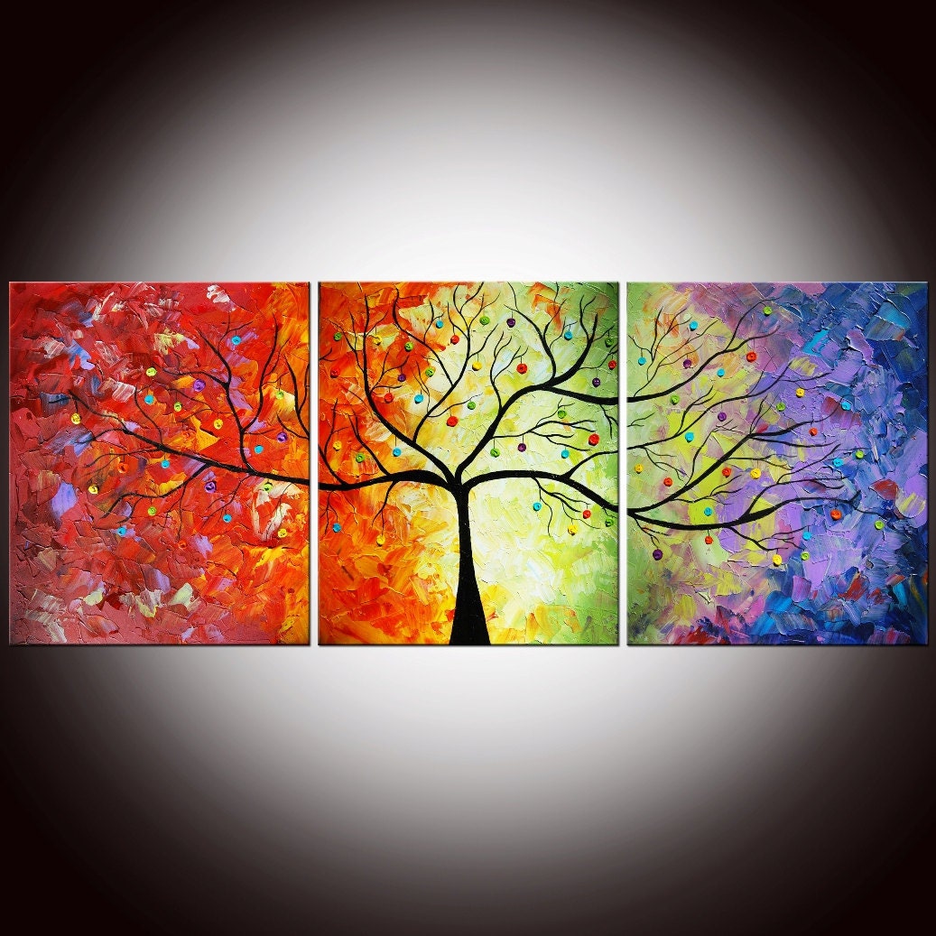 Original Modern Colorful Large Abstract Textured Impasto Knife Tree Painting 60x24