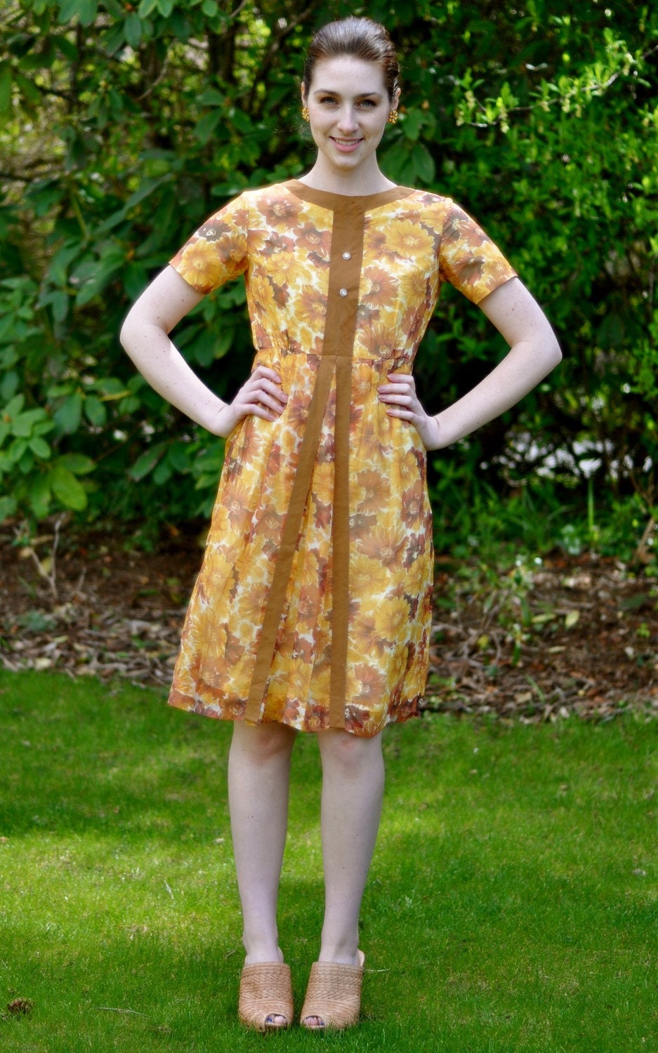 50's 'Summer Blossom' Sheer Day Dress (Size: Medium)