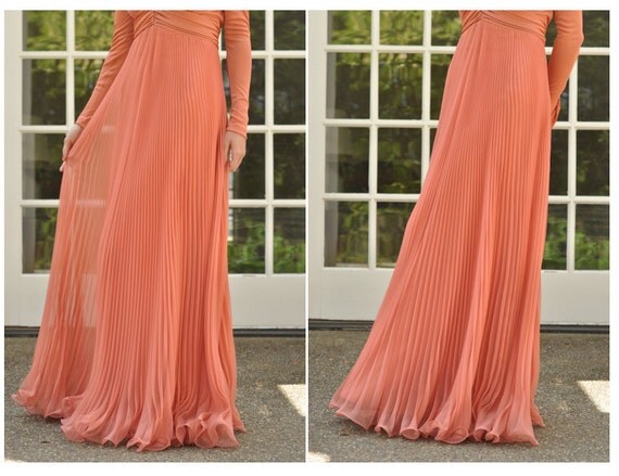 RESERVED FOR BRIDGETT - 70s Peach Empire Maxi Dress with Sheer Pleated Skirt (Size: Medium)
