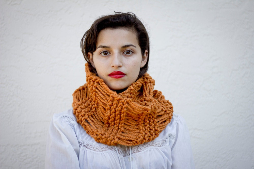 The Drop Stitch Cowl Hand Knit in Apricot Wool Blend - MADE TO ORDER