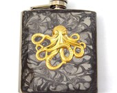 Steampunk Flask Octopus Embellished on Gray Smokey Design Neo Victorian Flask Container  Stainless Steel Metal