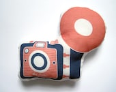 Camera Brownie Plush / Pillow in Coral and Navy by Yellow Heart Art