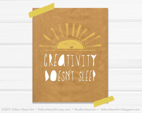 SALE Graphic Art Print "Creativity Doesn't Sleep" 8x10 in Mustard and White