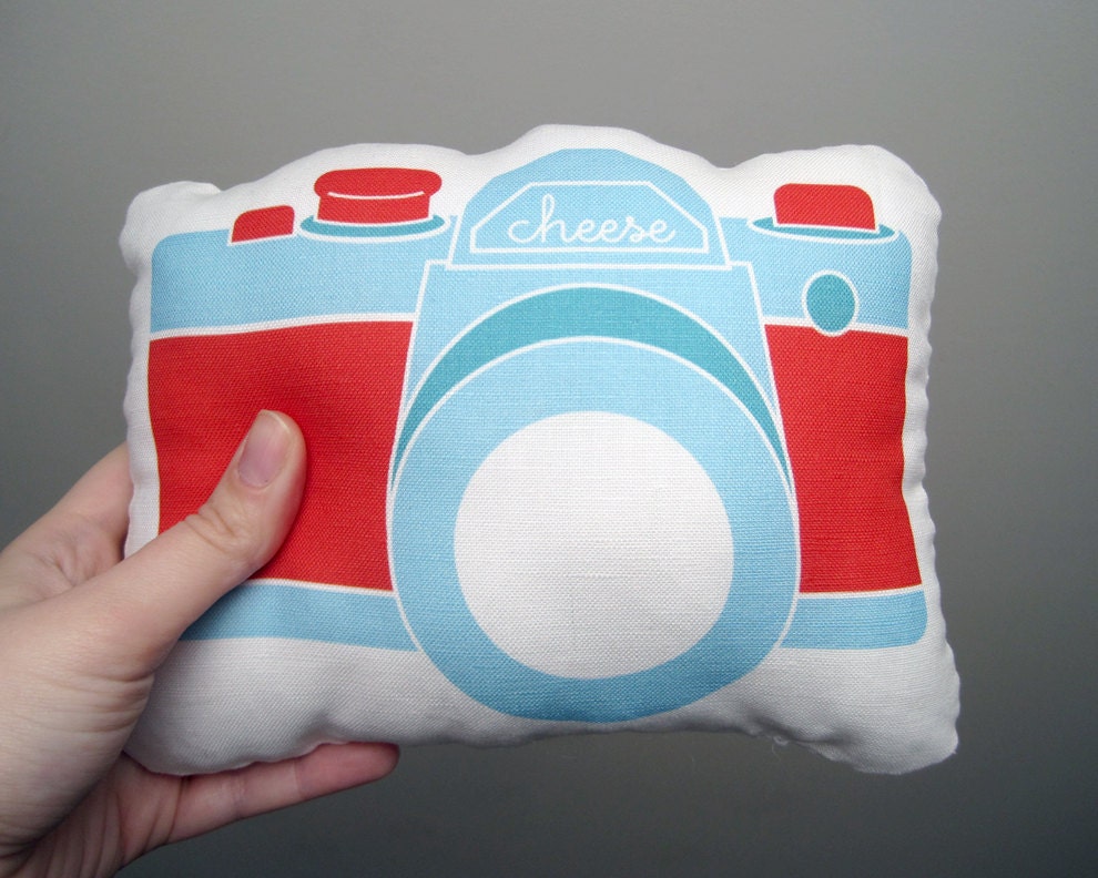 Camera Plush / Pillow in Blue and Red by Yellow Heart Art