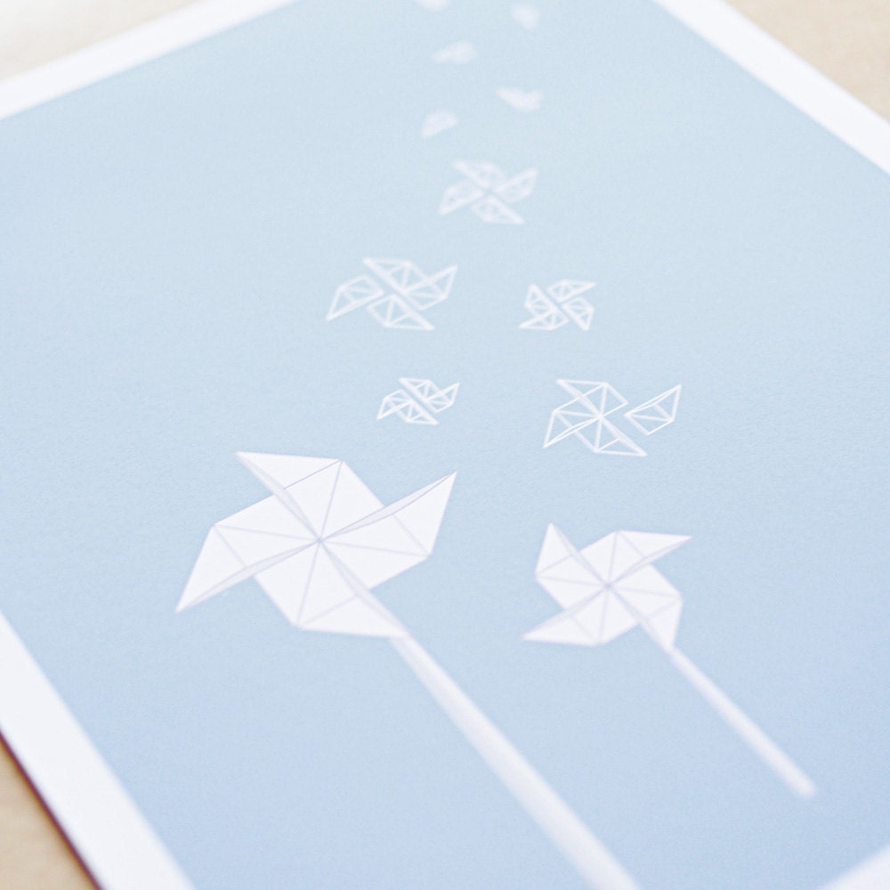 Windfarm. Pinwheel, Origami Art Print, 8" x 10" (20cm x 25cm) on Sky Blue