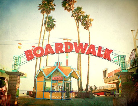 Vintage Boardwalk Photo. "Retro Boardwalk" 8.5 x11. beach. carnival. palm trees. vintage. texture. red. orange. blue. green. california. fun