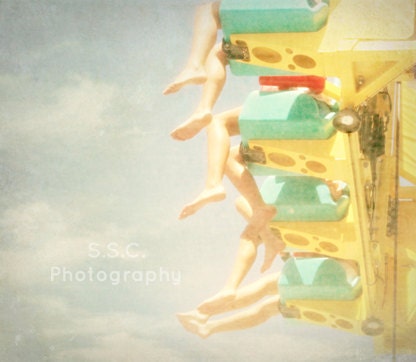 Amusement Park. Summer. "Happy Feet". Vintage. fun. blue. yellow. mint. feet. legs. thrill ride. carnival. sky. clouds. retro