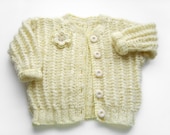 Hand Knitted Baby Cardigan with Crocheted Flower - Pastel Yellow, 2 years