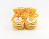 Baby Booties Hand Knitted with Crochet Flower - Yellow, 3 - 6 months