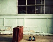 Vintage Suitcase And Red Shoes With Mint Green Building Backdrop Photograph Print 8 x 10
