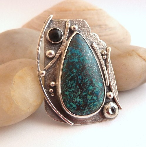 Blue, green, black, multi stone ring in sterling silver - Handcrafted Artisan Ring