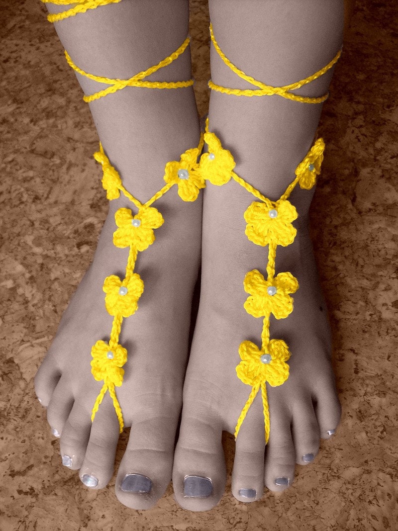 Yellow  Sexy crocheted barefoot sandals steampunk, victorian lace, sexy, yoga, anklet ,wedding, beach or pool party- Ready to Ship - dosiak